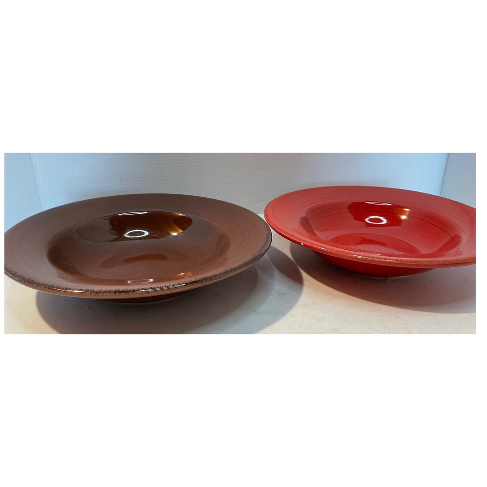 Tag Pasta Bowls Set of 2 Red Brown Wide Rim Stoneware 9 Inch Casual Dining